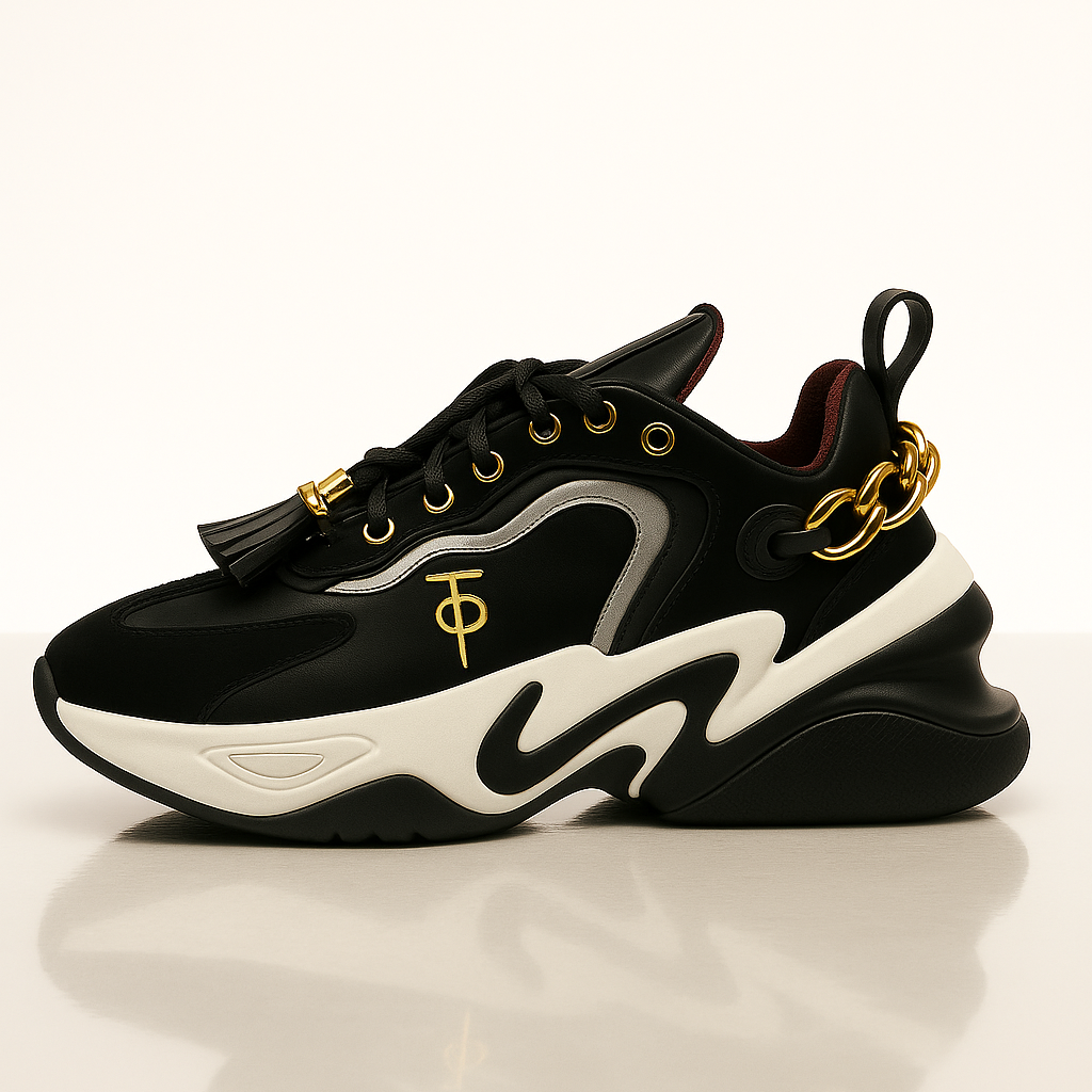 Black and white sneaker with gold accents on a reflective surface