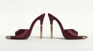 Pair of maroon high-heeled shoes with gold accents on a white background