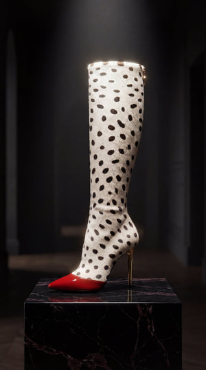 White knee-high boot with black polka dots and red sole on a dark background