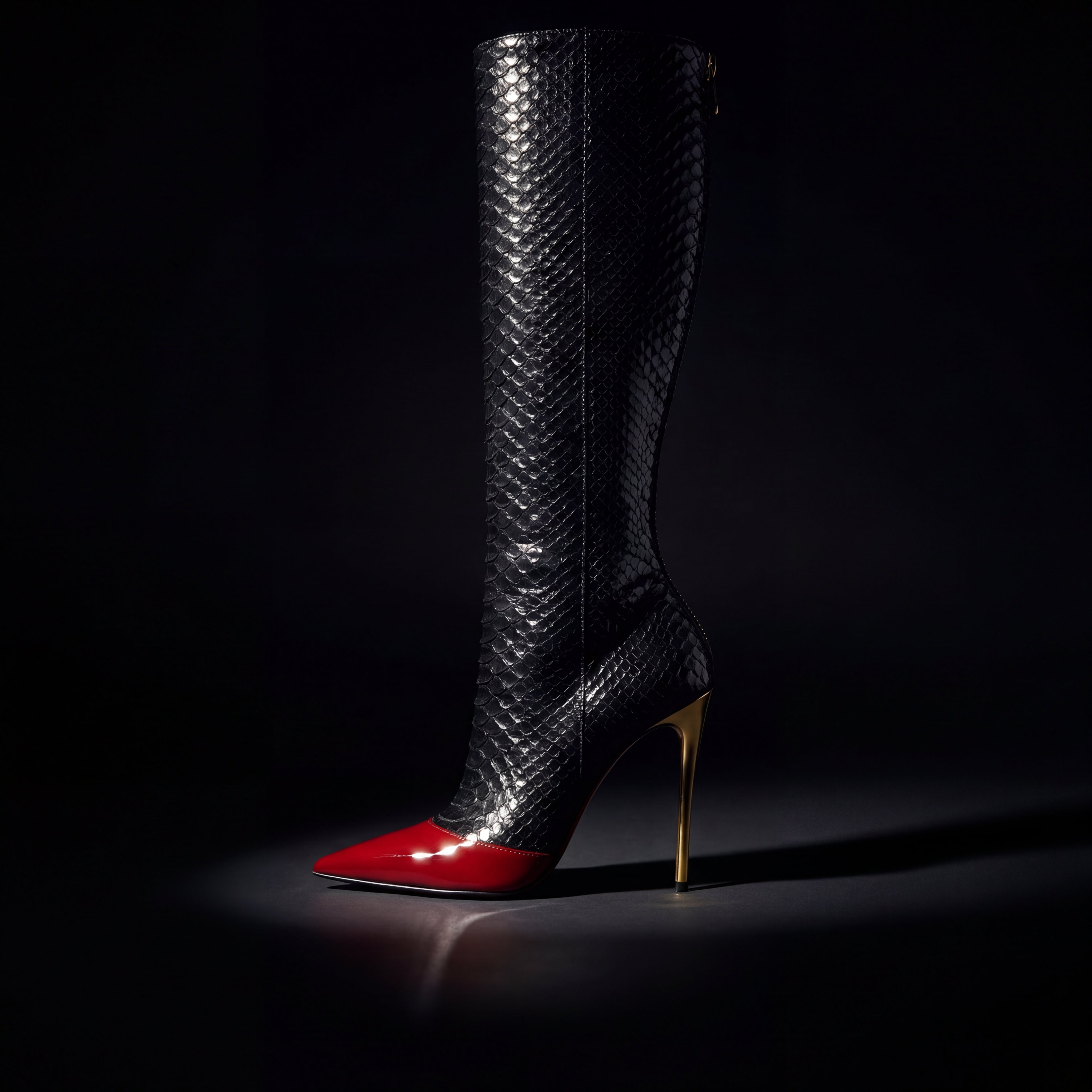 Black high-heeled boot with red sole on a black background
